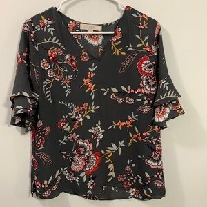 Loft V Neck blouse, gray background with flowers & berries, good condition, Sz S